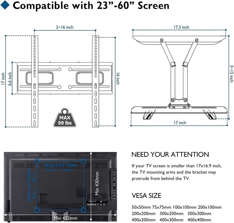 BONTEC Full Motion TV Wall Mount for 23-70 Inch TVs, Hold up to 99 lbs, Max VESA 400x400mm, Swivel Tilt Dual Arms, Adjustable Viewing Angle, Fits 16" Wood Studs, Easy Assembly - Image 5